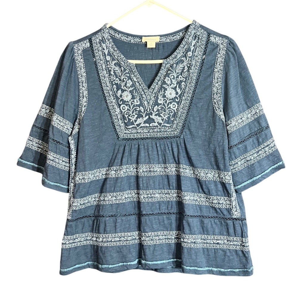 Sundance Womens Size Small Blue Embroidered Beaded Top Boho Blouse Lace Trim - Picture 2 of 12